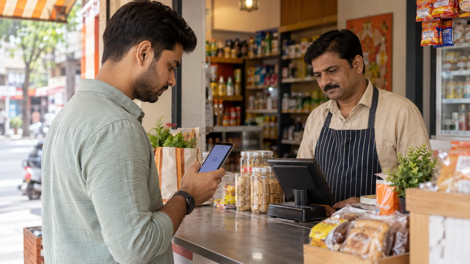 UPI Payment Pending: How Long to Wait and What to Do Next Customer and shopkeeper checking a pending UPI payment at an Indian store