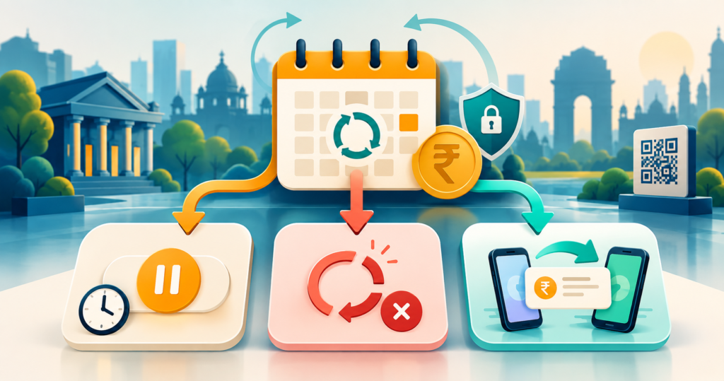 How to Cancel, Pause or Move a UPI AutoPay Mandate UPI AutoPay infographic showing pause, revoke and move mandate controls