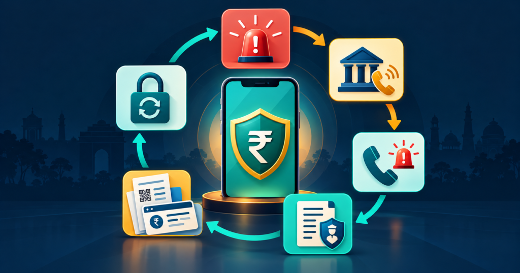 UPI fraud emergency infographic with bank reporting, account security and evidence steps