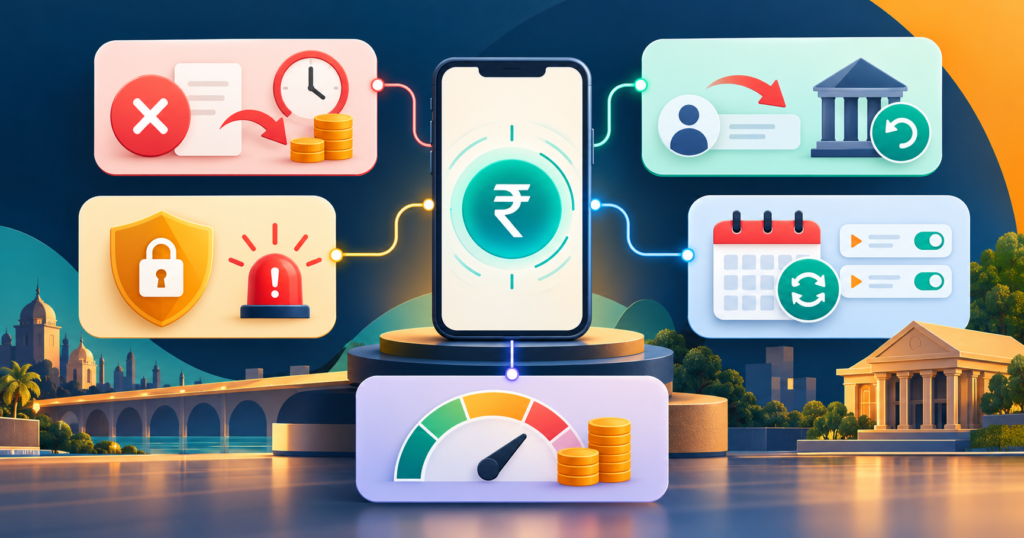 UPI help infographic linking failed payments, fraud, mandates and transaction limits