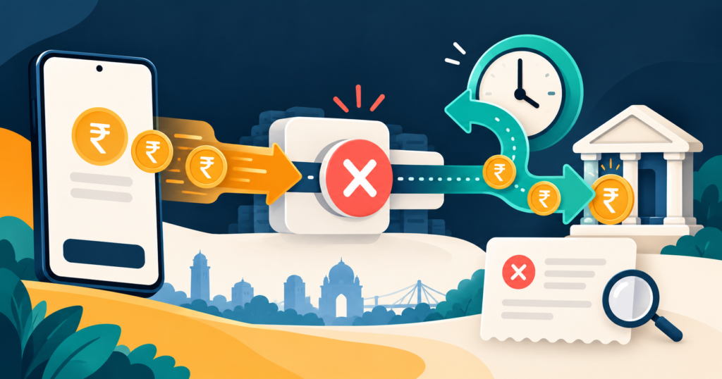 UPI failed payment infographic showing a timed refund returning through the bank