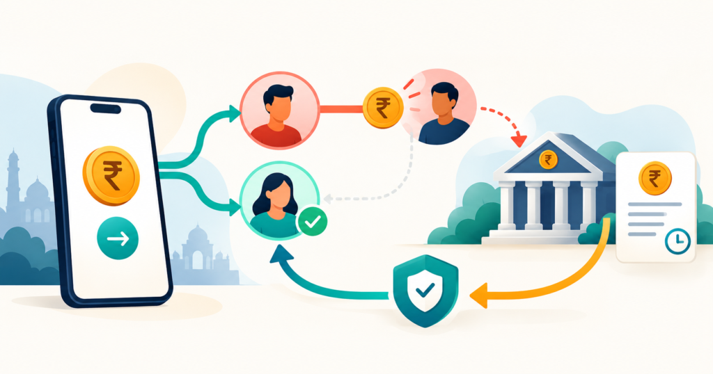 Wrong UPI transfer infographic showing recipient verification and bank recovery steps